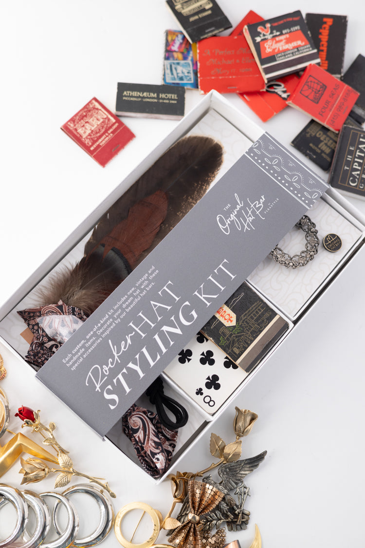 Hat Styling Kit - Rocker-Hat styling kit containing vintage hat accessories to customize a hat including a bandana, matchbook, feathers and vintage brooch-Wholesale-Fleastyle