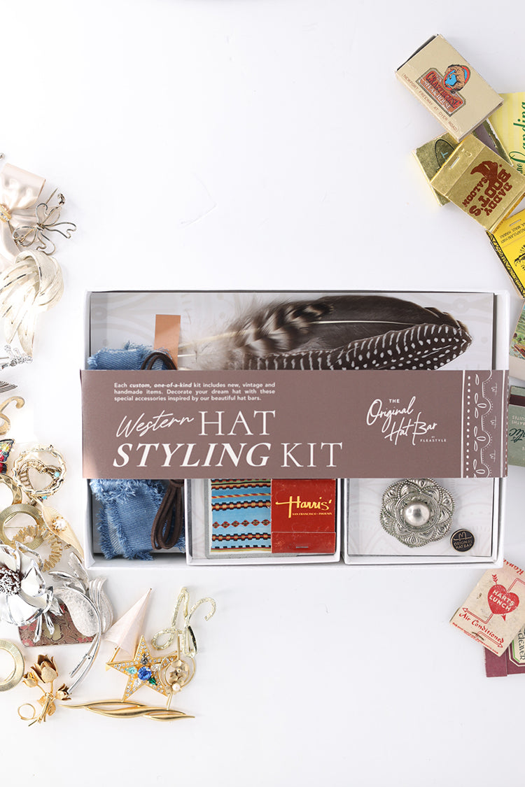 Hat Styling Kit -Western-containing vintage hat accessories to customize a hat including a bandana, matchbook, feathers and vintage brooch-Fleastyle