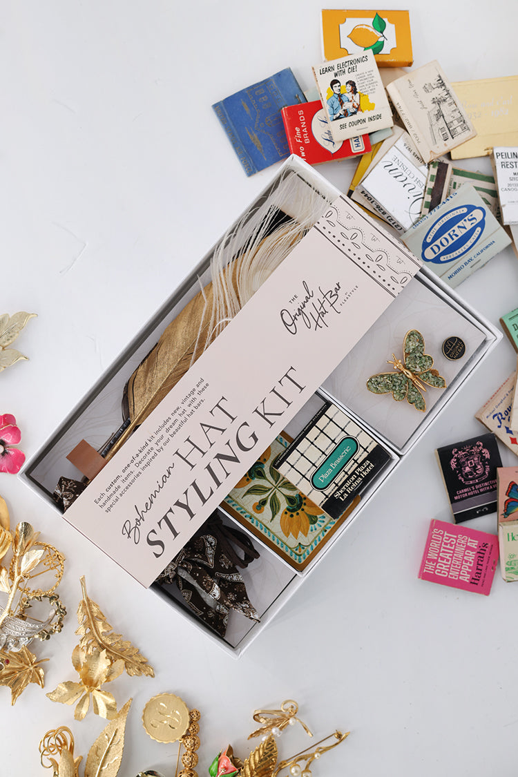 Hat Styling Kit - Bohemian-with hat accessories to customize a hat including feathers, bandana, matchbook, playing card and vintage brooch-Fleastyle -Wholesale-Fleastyle