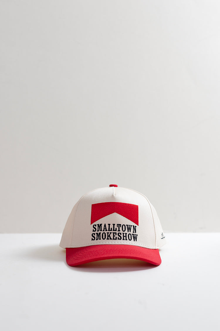 White and red cap with 'Smalltown Smokeshow' text -FleaStyle