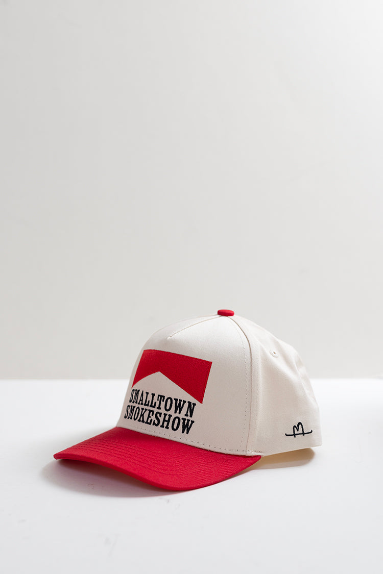 White and red cap with 'Smalltown Smokeshow' text -FleaStyle