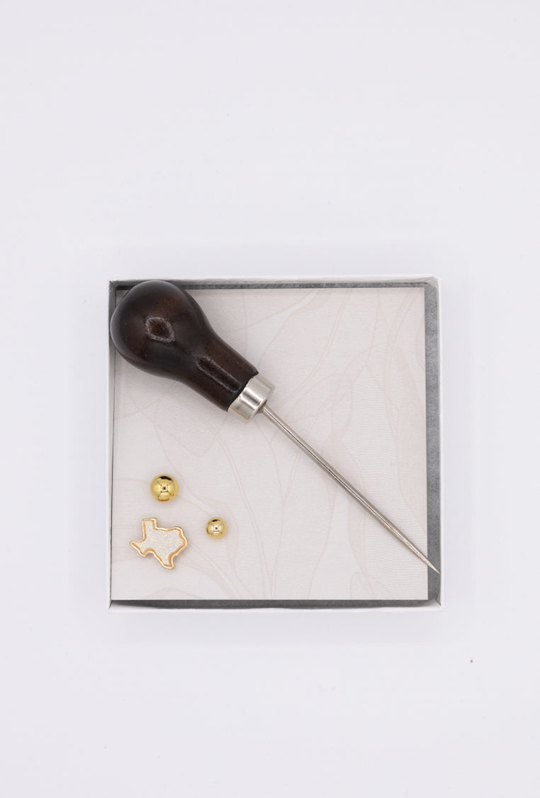  Hat Pin Kit-gold featuring an awl piercing tool, white druzy Texas hat pin and two gold round pins in various sizes to customize the brim or crown of a hat-FleaStyle