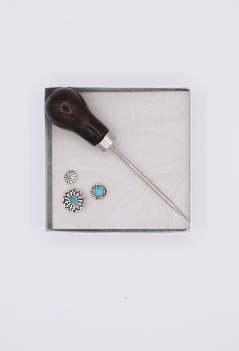 Western Hat Pin Kit - Silver/Turquoise featuring an awl piercing tool and three classic western silver and turquoise pins in various sizes to customize the brim or crown of a hat-FleaStyle