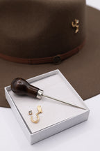 Western Hat Pin Kit - gold featuring an awl piercing tool and gold boot pin, gold horseshoe pin and rhinestone pins in various sizes to customize the brim or crown of a hat-FleaStyle