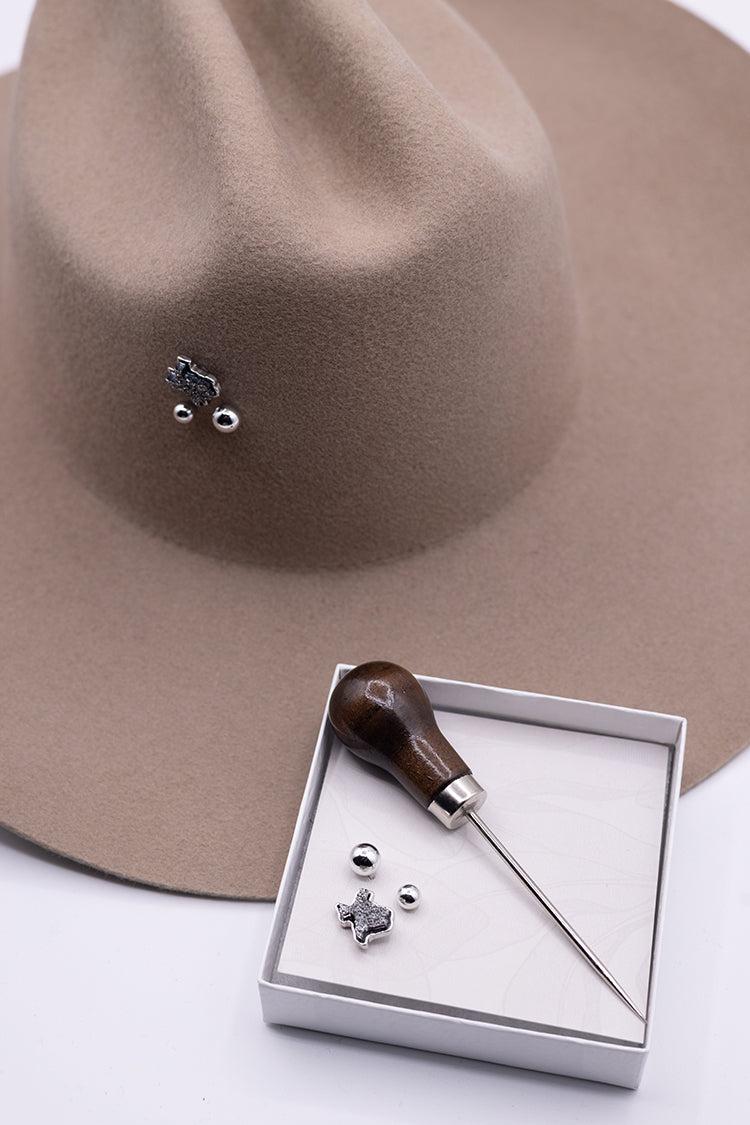 Hat Pin Kit - silver featuring an awl piercing tool and gray druzy Texas pin and two silver round pins in various sizes to customize the brim or crown of a hat-FleaStyle