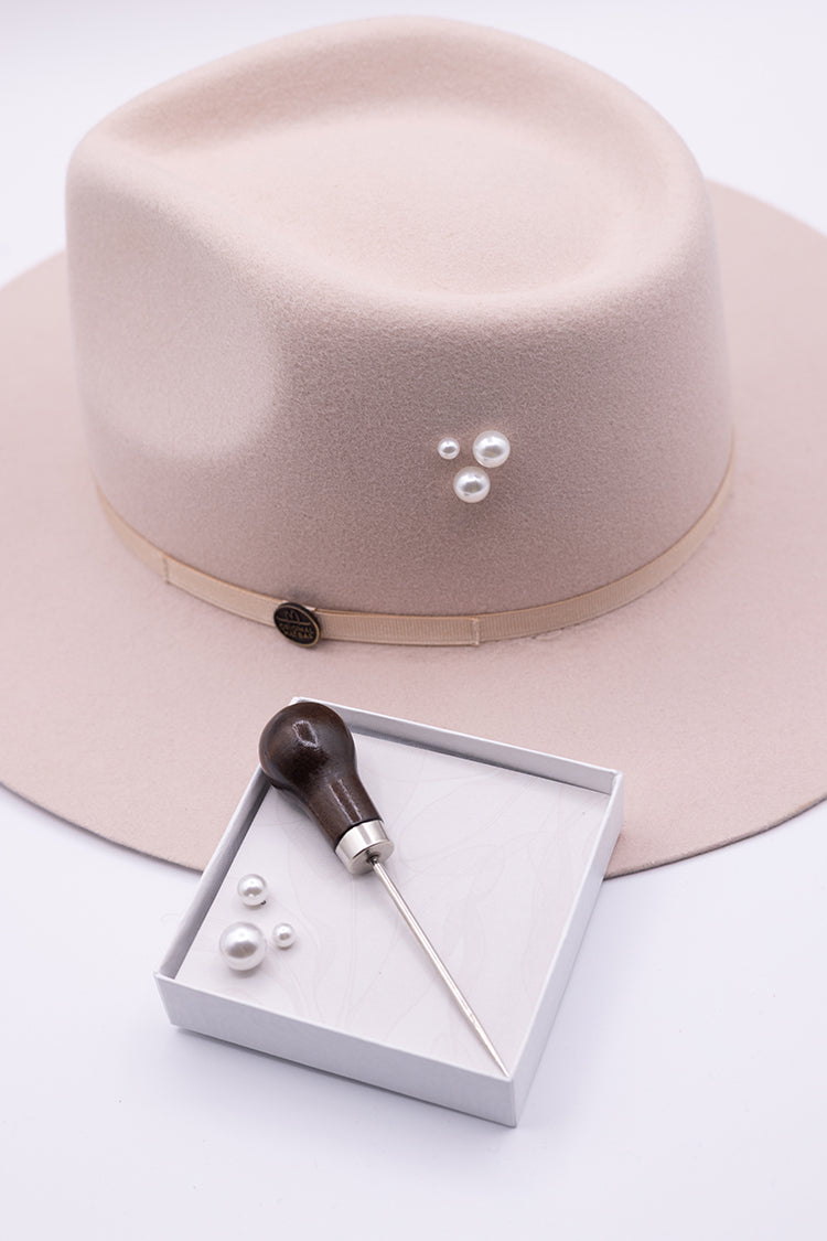 Pearl Hat Pin Kit featuring an awl piercing tool and three pearl stud pins in various sizes to customize the brim or crown of a hat-FleaStyle