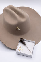  Hat Pin Kit gold featuring an awl piercing tool, white druzy Texas hat pin and two gold round pins in various sizes to customize the brim or crown of a hat-FleaStyle