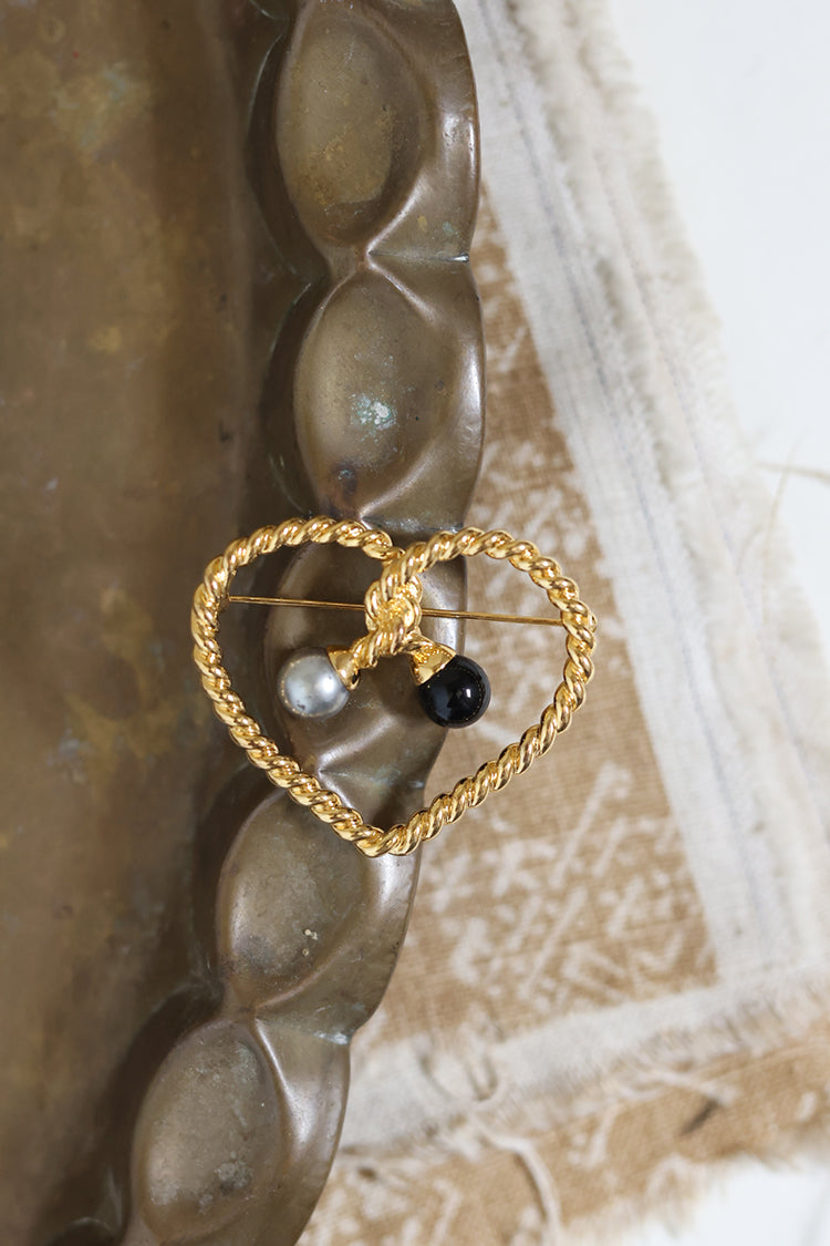 Vintage Gold Rope Heart with Silver and Black Detail Brooch for decorating hat bands on flat brim and cowboy hats-FleaStyle