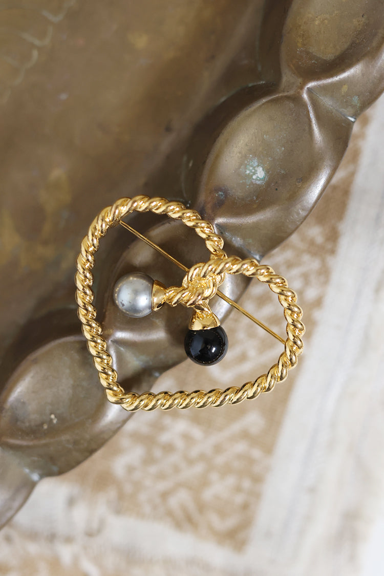 Vintage Gold Rope Heart with Silver and Black Detail Brooch for decorating hat bands on flat brim and cowboy hats-FleaStyle
