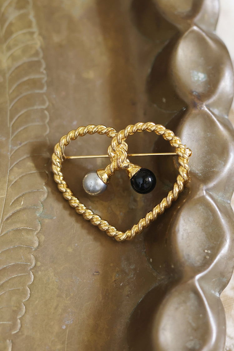 Vintage Gold Rope Heart with Silver and Black Detail Brooch for decorating hat bands on flat brim and cowboy hats-FleaStyle