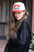 Woman wearing a red and white cap with 'Smalltown Smokehouse' embroidered patch and a black fringe jacket-FleaStyle 