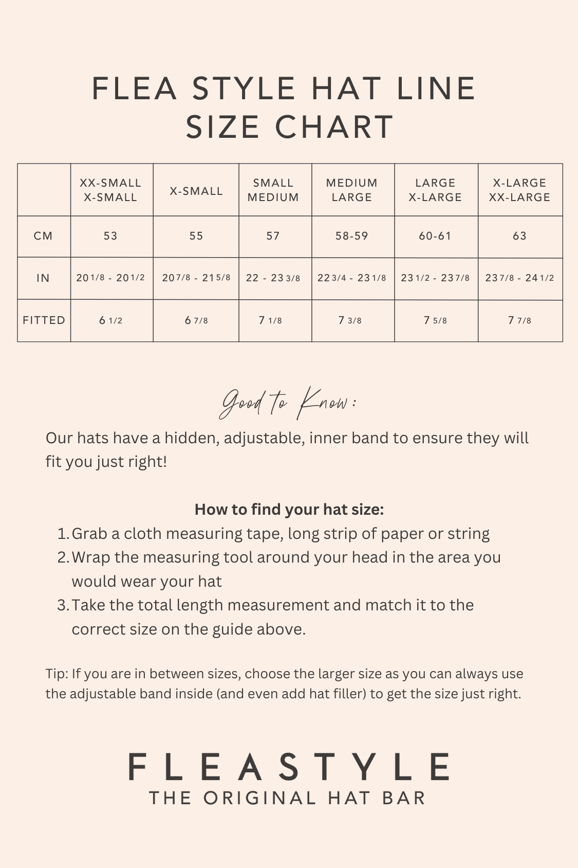 Flea Style hat size chart with measurements and instructions on how to find your hat size.