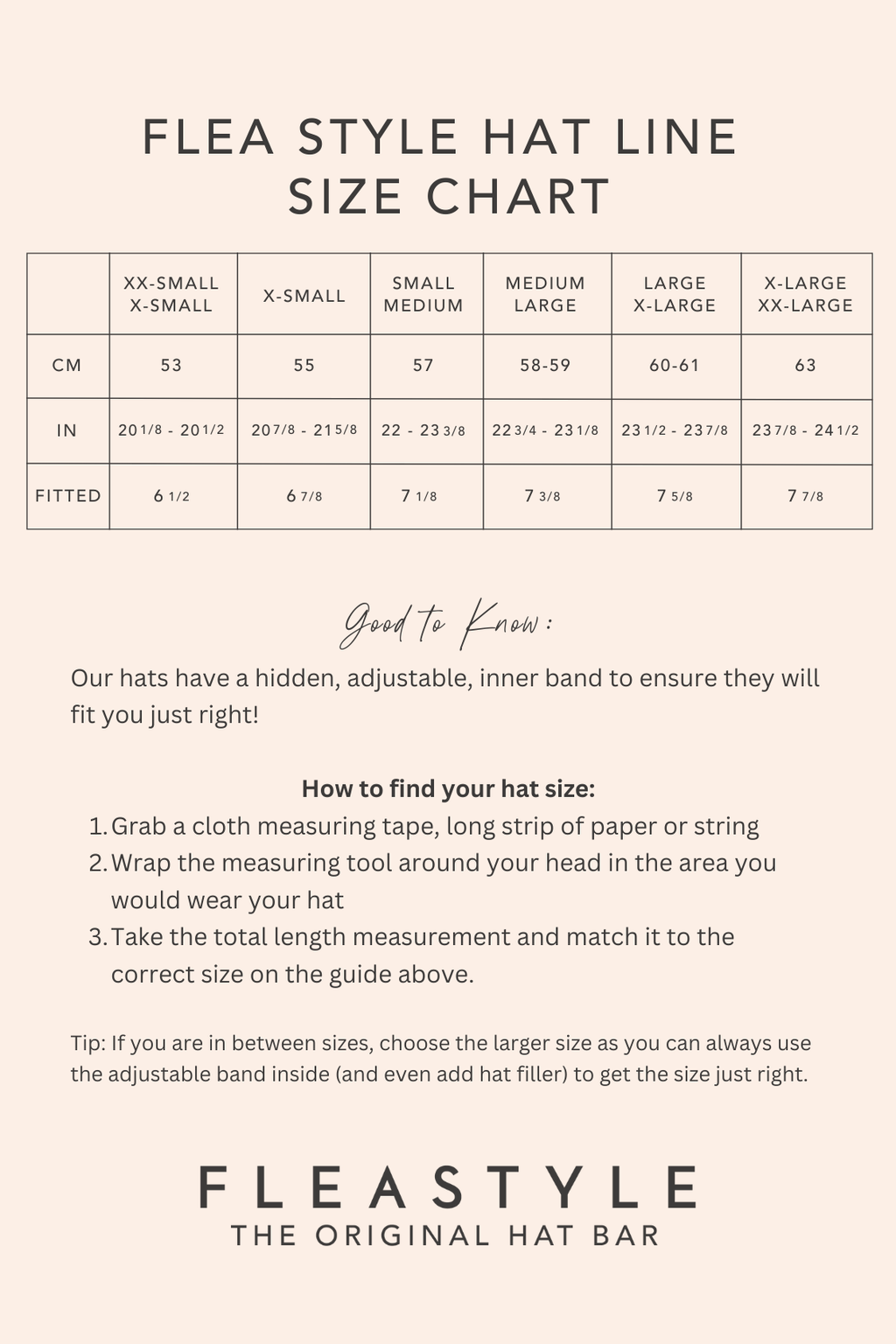 Flea Style hat size chart with measurements and instructions on how to find your hat size.