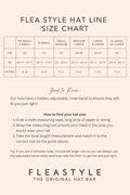 Flea Style hat size chart with measurements and instructions on how to find your hat size.